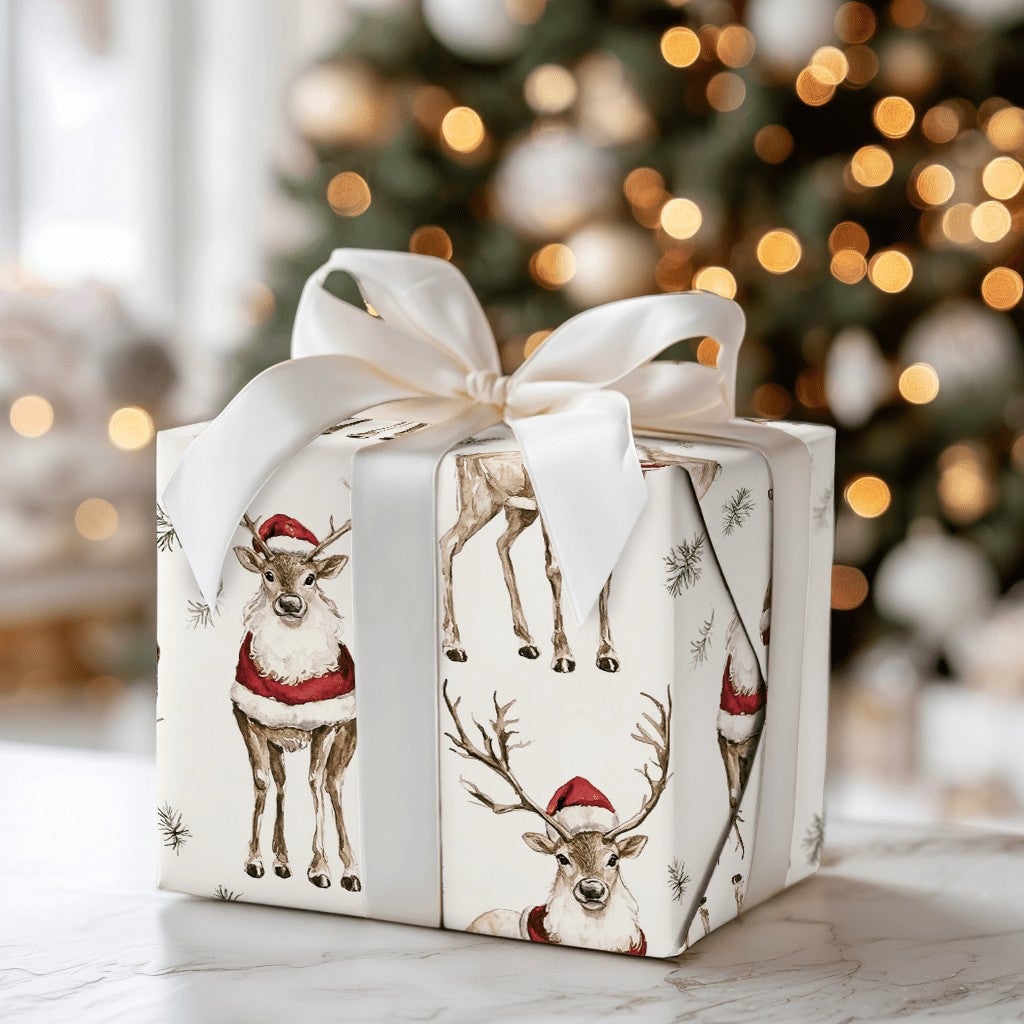 Santa Hat Reindeer Gift Wrap, Watercolor Reindeer Wrapping Paper, Festive Reindeer Christmas Paper Roll, Holiday Gift Wrappin