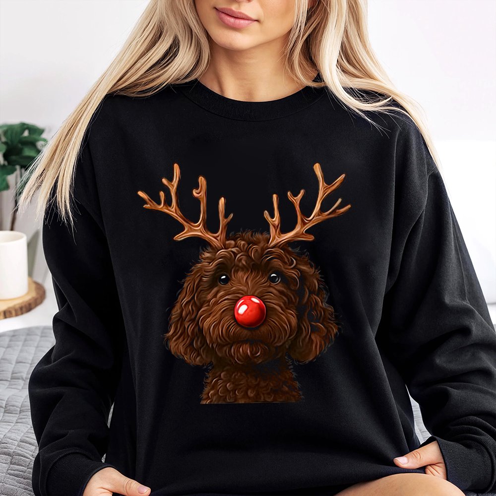 Humorous Christmas Dog Crewneck, Chocolate Doodle Reindeer Sweatshirt, Goldendoodle Holiday Pullover, Pet Lover Xmas Sweater,