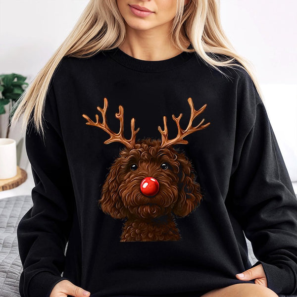 Humorous Christmas Dog Crewneck, Chocolate Doodle Reindeer Sweatshirt, Goldendoodle Holiday Pullover, Pet Lover Xmas Sweater,