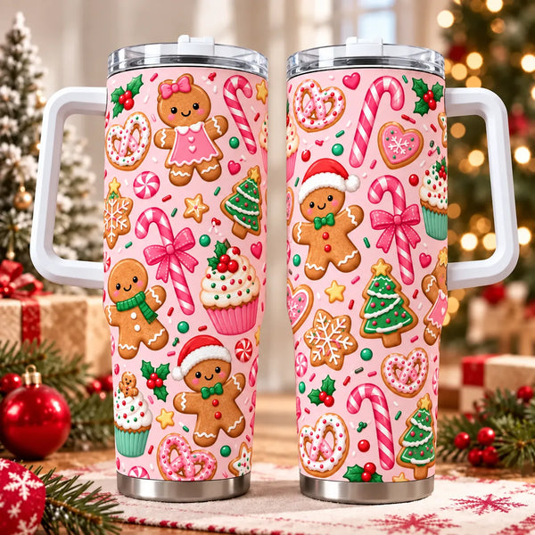 Candy Cane Cookie 40oz Travel Cup, Pink Gingerbread Christmas Tumbler, Pastel Holiday Tumbler with Handle, Adorable Xmas Tumb
