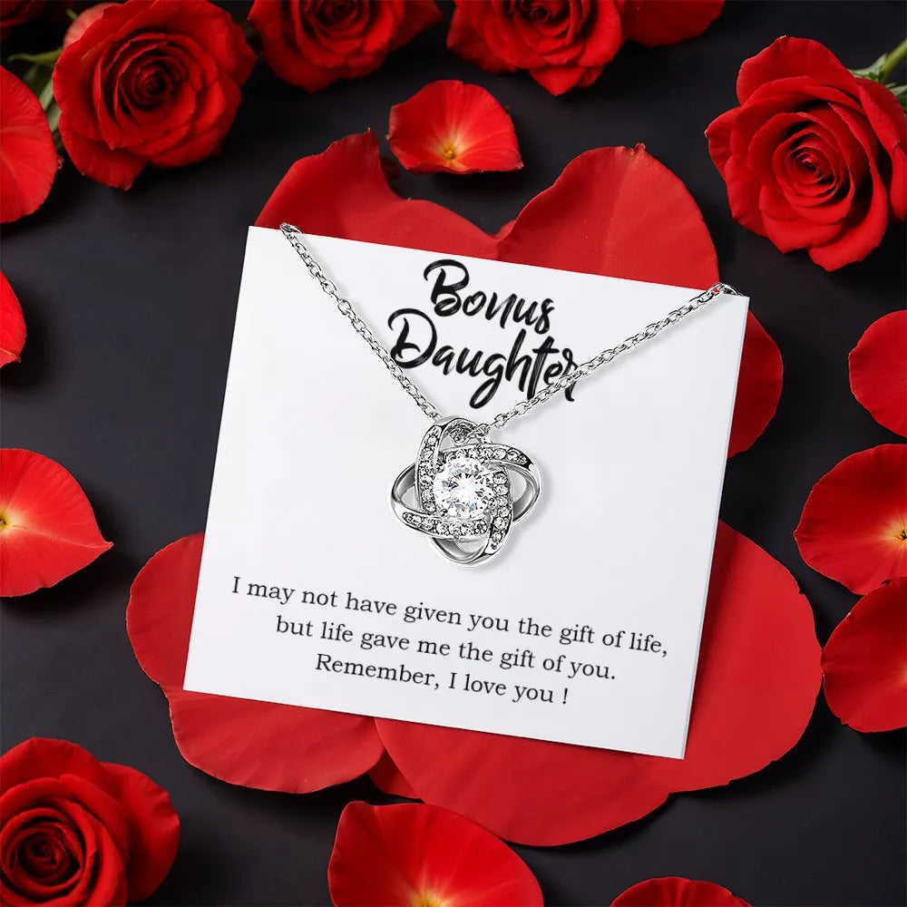 Stepdaughter Love Knot Pendant with Rose Box, Bonus Daughter Love Knot Necklace, CZ Crystal Love Knot Necklace, Birthday Chri