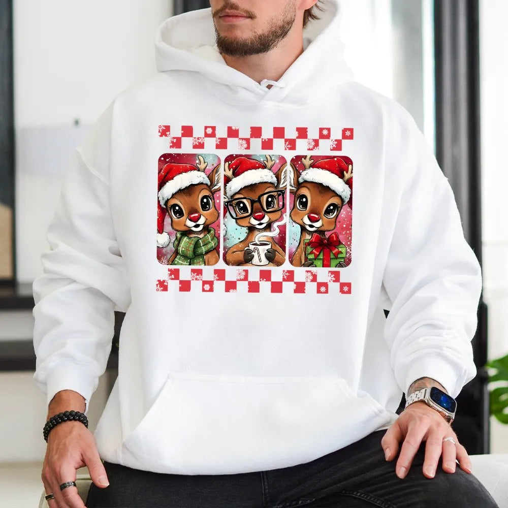 Festive Deer Graphic Hoodie, Christmas Reindeer Hoodie, Adorable Holiday Animal Pullover, Winter Xmas Hooded Sweatshirt, Comf