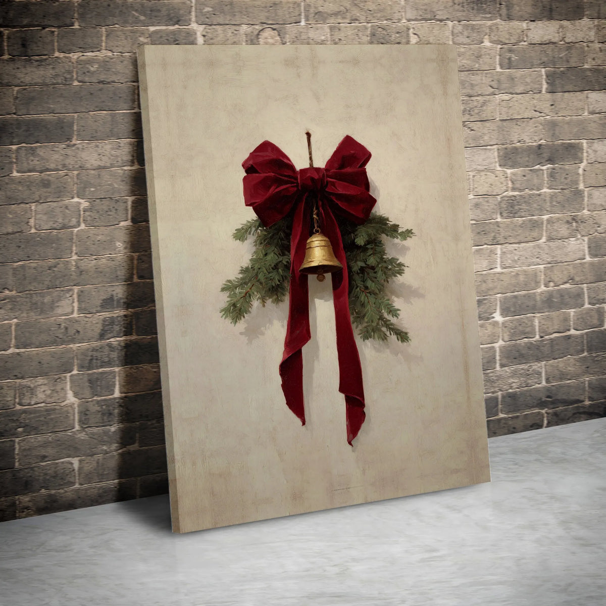 Rustic Red Velvet Bow Canvas Print, Christmas Jingle Bell Wall Art, Pine Branch Holiday Canvas Decor, Winter Farmhouse Season