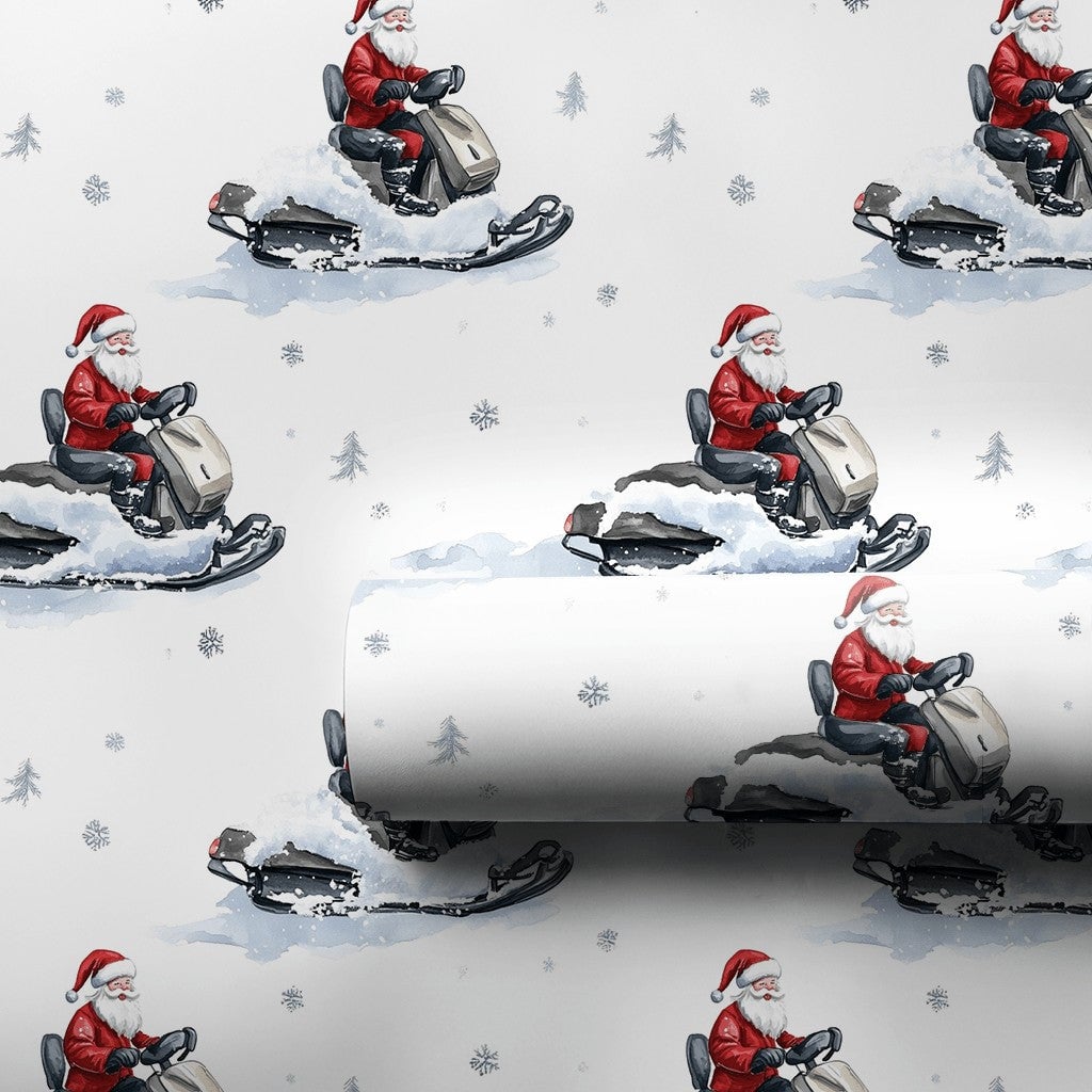Snowflake Watercolor Gift Wrap, Snowmobile Santa Claus Wrapping Paper, Winter Sports Christmas Wrapping Paper, Holiday Presen