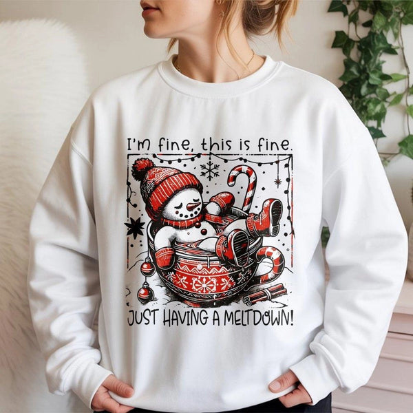 I'm Fine This Is Fine Sweatshirt, Humorous Snowman Meltdown Sweatshirt, Winter Holiday Crewneck Sweatshirt, Comfy Christmas P