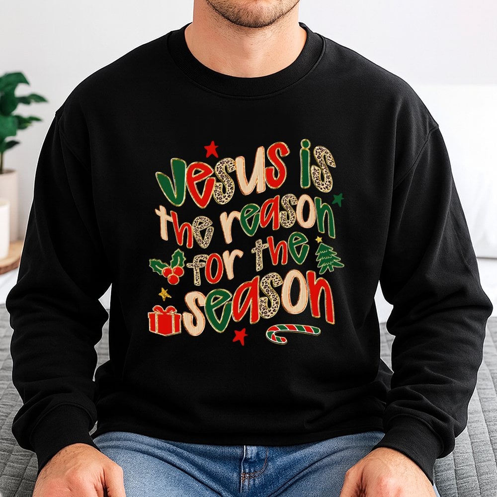 Leopard Print Christian Christmas Crewneck, Jesus Is the Reason for the Season Sweatshirt, Faith Holiday Pullover, Winter Jes