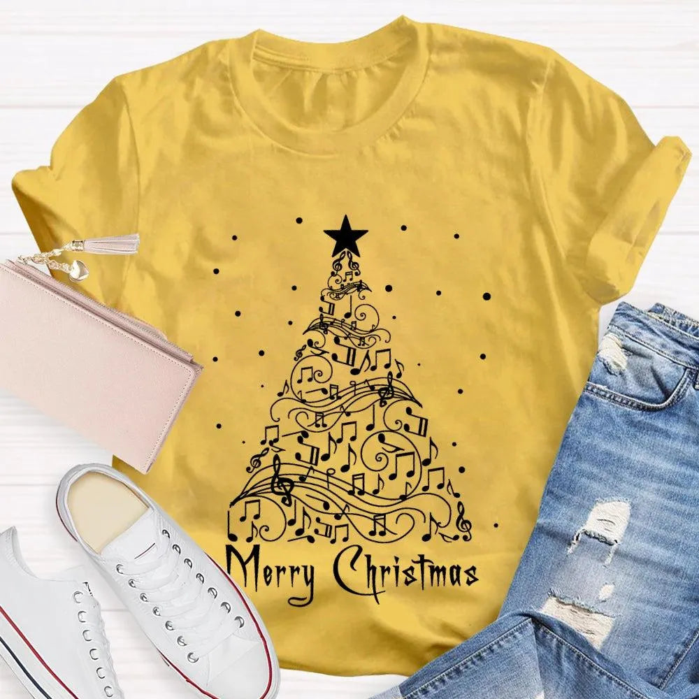 Sheet Music Holiday Tree T-Shirt, Music Teacher Christmas Shirt, Musical Notes Graphic Tee, Choir Director Christmas Present 