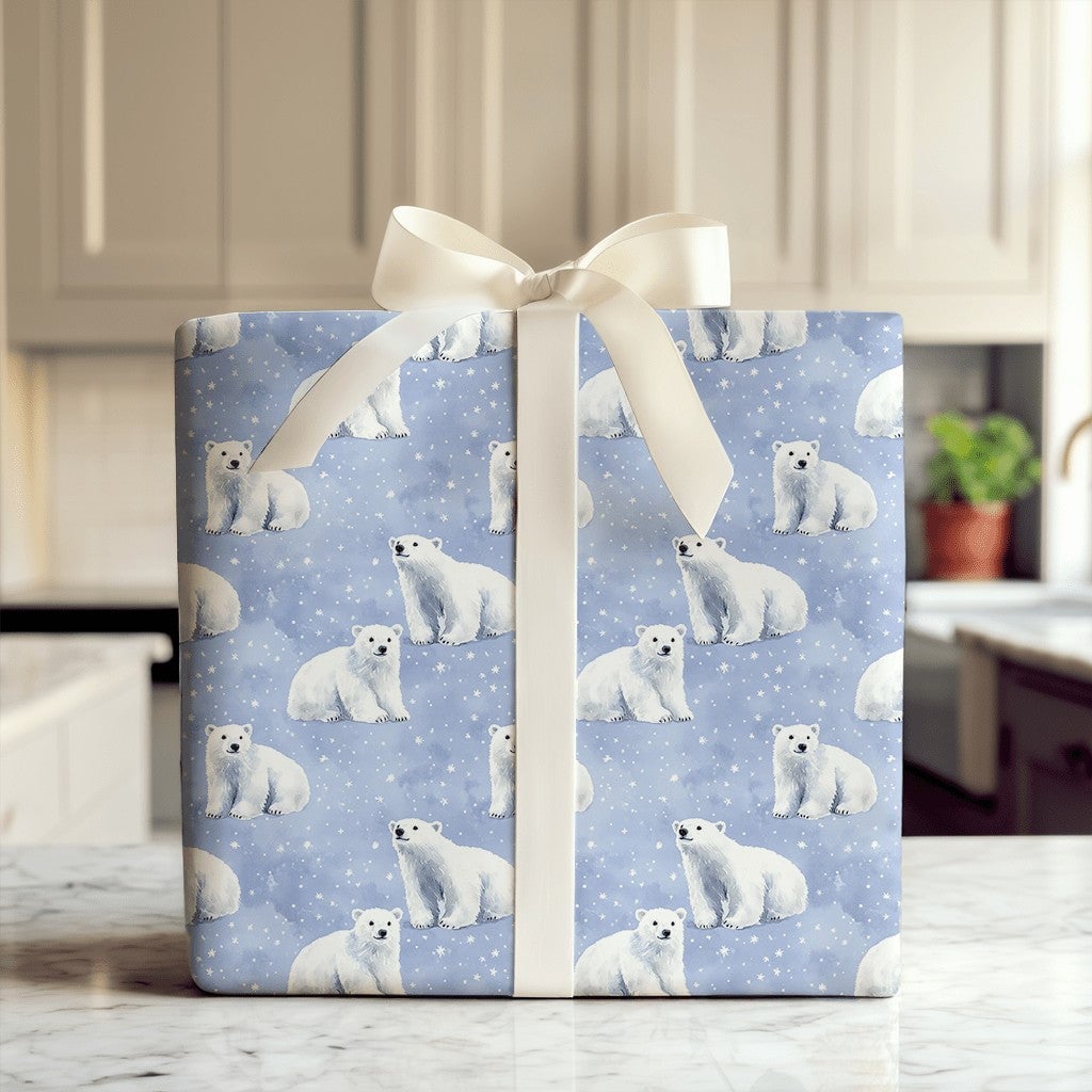 Snowy Night Polar Bear Gift Wrap, Polar Bear Christmas Wrapping Paper, Winter Wildlife Wrapping Paper, Holiday Present Wrappi
