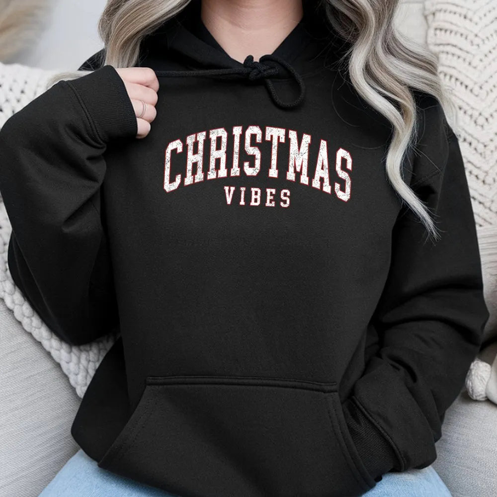 Retro Varsity Holiday Hooded Sweatshirt, Christmas Vibes Hoodie, Vintage Christmas Hoodie, Comfy Winter Pullover, Xmas Presen