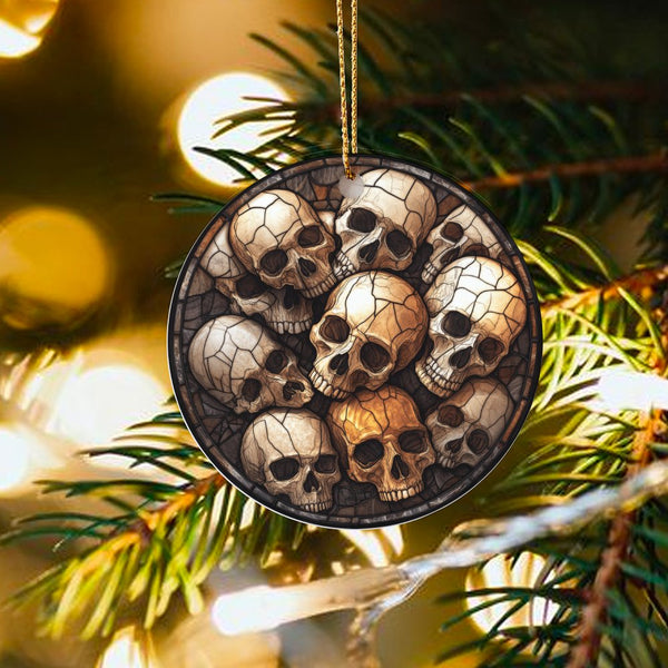 Stained Glass Skulls Tree Ornament, Gothic Skull Christmas Ornament, Dark Academia Ceramic Ornament, Skeleton Spooky Holiday 