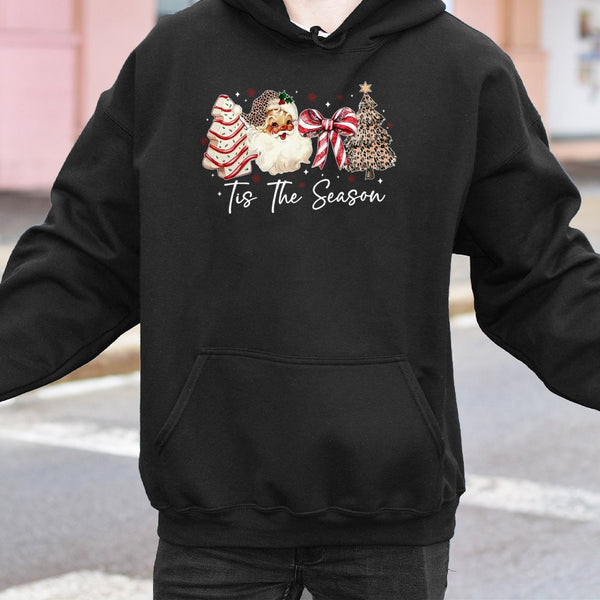 Leopard Print Santa Hat Tree Hooded Sweatshirt, Tis the Season Christmas Hoodie, Preppy Cheetah Xmas Pullover, Festive Winter