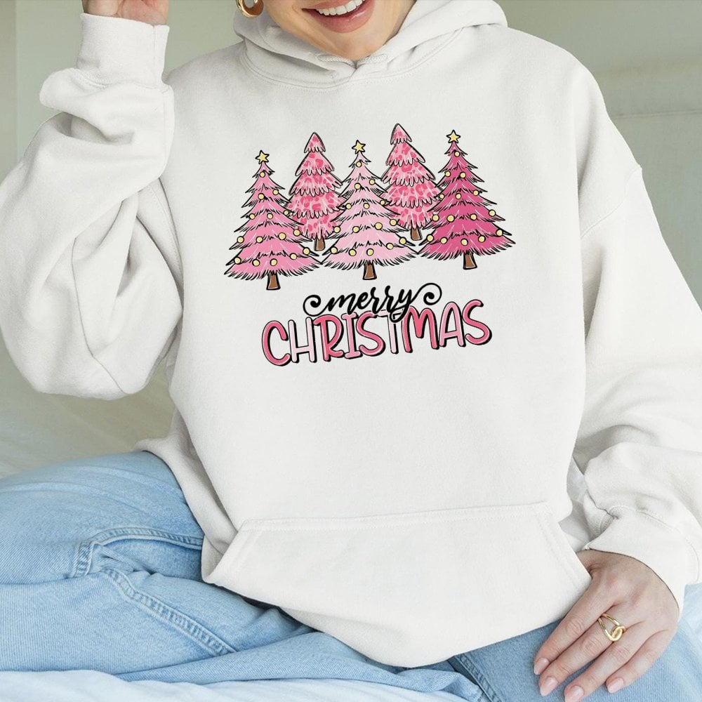 Merry Christmas Leopard Pattern Hoodie, Pink Leopard Christmas Tree Hoodie, Trendy Holiday Sweatshirt, Girly Adorable Xmas Pu