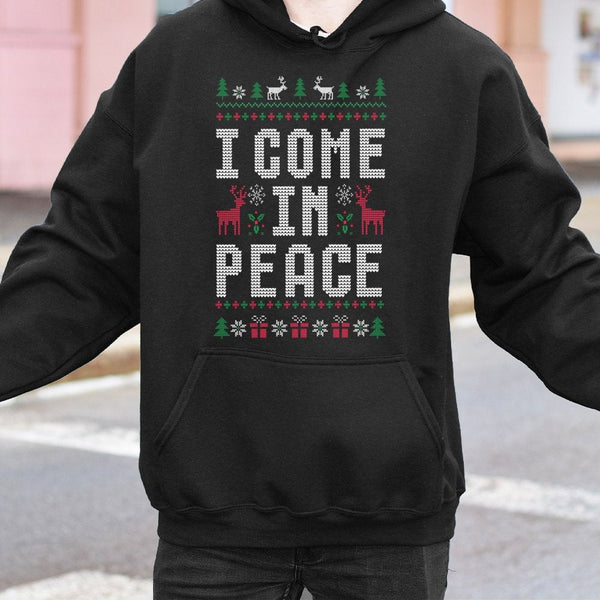 Ugly Christmas Sweater Hoodie, I Come in Peace Hoodie, Humorous Alien Xmas Graphic Sweatshirt, Retro Holiday Season Pullover,