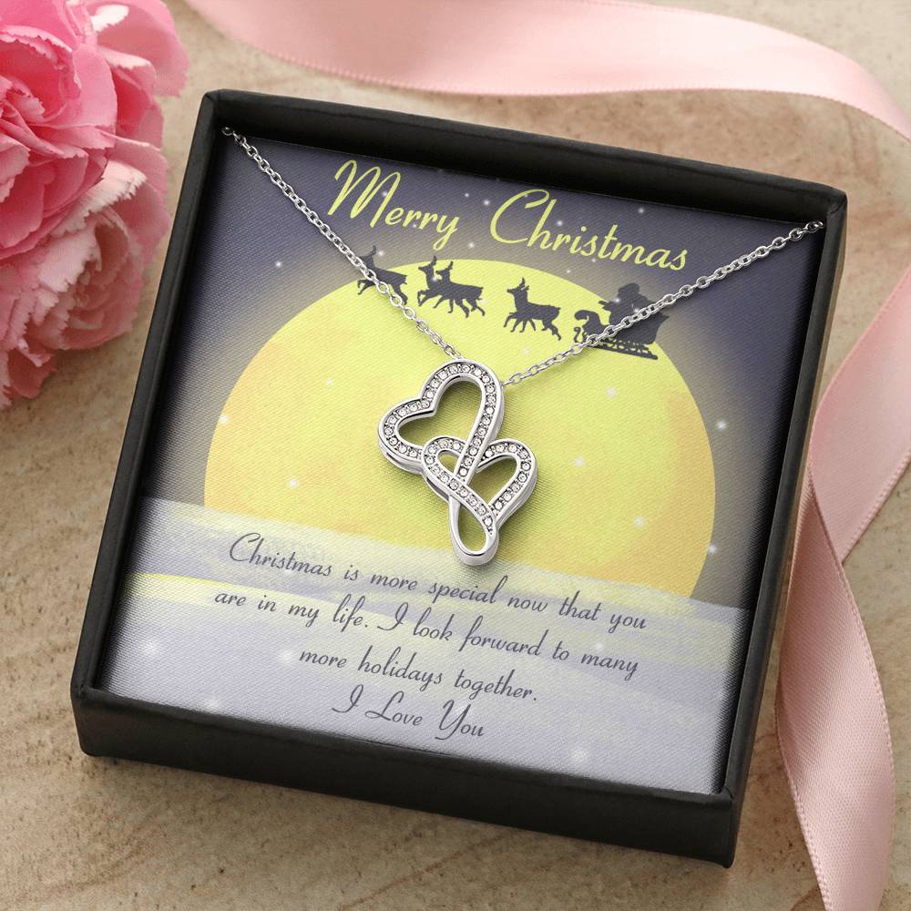 Interlocking CZ Heart Pendant, Double Hearts Necklace for Girlfriend, 14K White Gold Finish Jewelry, Romantic Christmas Prese