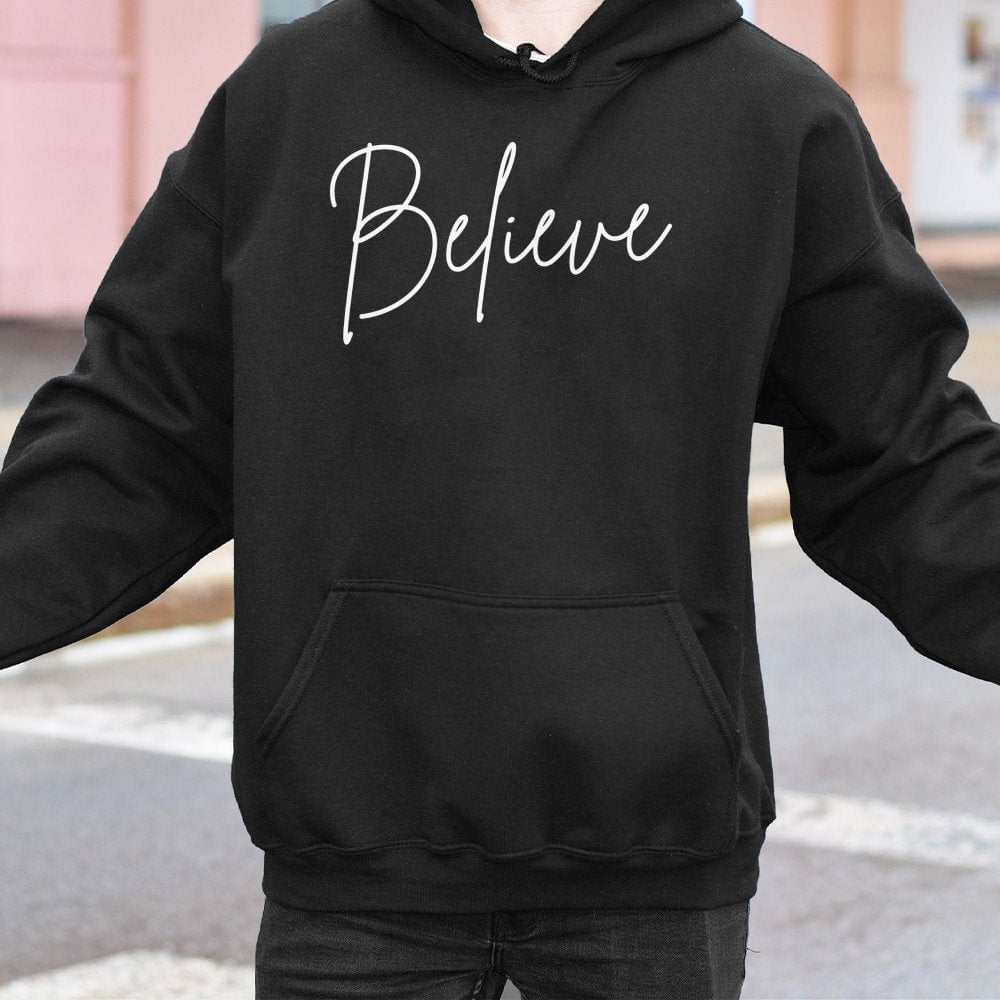 Minimalist Cursive Holiday Script Sweatshirt, Believe Christmas Hoodie, Winter Festive Polar Express Pullover, Comfy Xmas Hoo