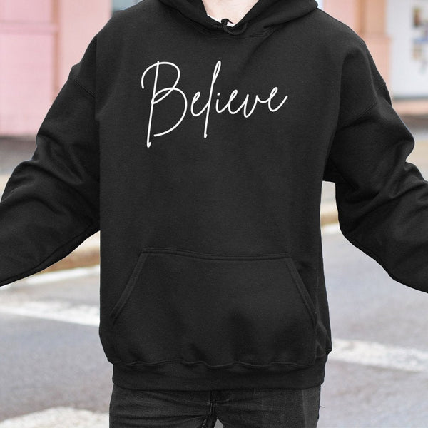 Minimalist Cursive Holiday Script Sweatshirt, Believe Christmas Hoodie, Winter Festive Polar Express Pullover, Comfy Xmas Hoo