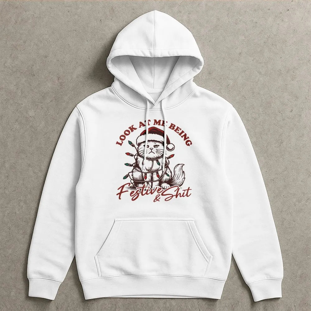 Grumpy Kitten Holiday Hoodie, Humorous Christmas Cat Hoodie, Sarcastic Xmas Animal Sweatshirt, Adorable Cat Lover Pullover Ho
