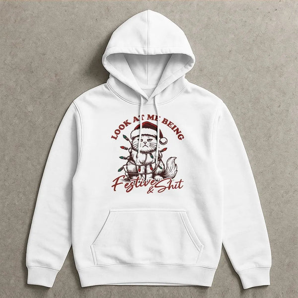 Grumpy Kitten Holiday Hoodie, Humorous Christmas Cat Hoodie, Sarcastic Xmas Animal Sweatshirt, Adorable Cat Lover Pullover Ho