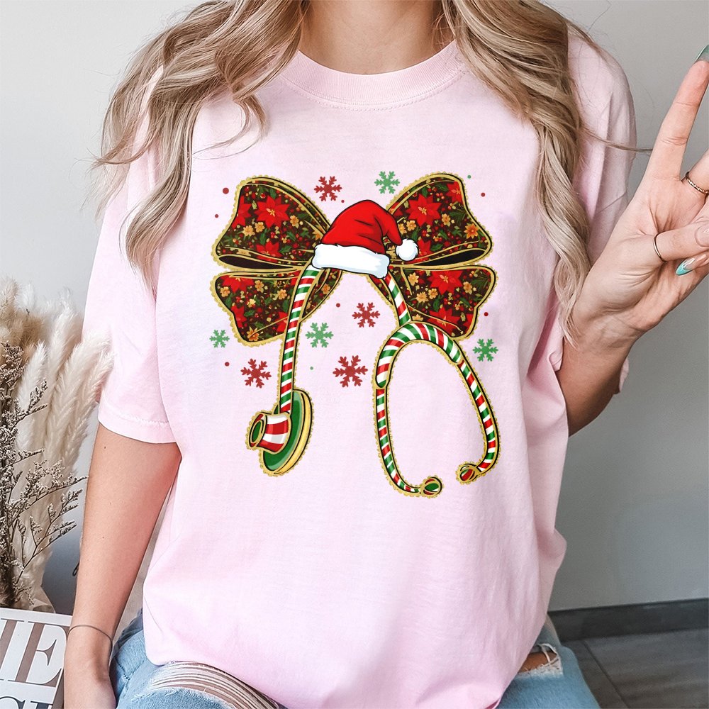 Coquette Bow Stethoscope Shirt, Christmas Nurse T-Shirt, Adorable Healthcare Holiday Tee, RN Medical Graphic T-Shirt, Nurse C