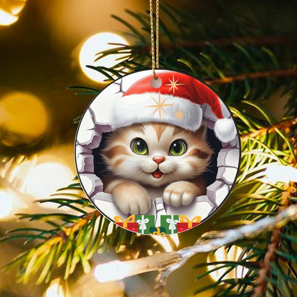 Santa Hat Kitty Wall Tree Ornament, Adorable Cat Christmas Ornament, Ceramic Pet Holiday Ornament, Festive Kitten Decor, Cat 