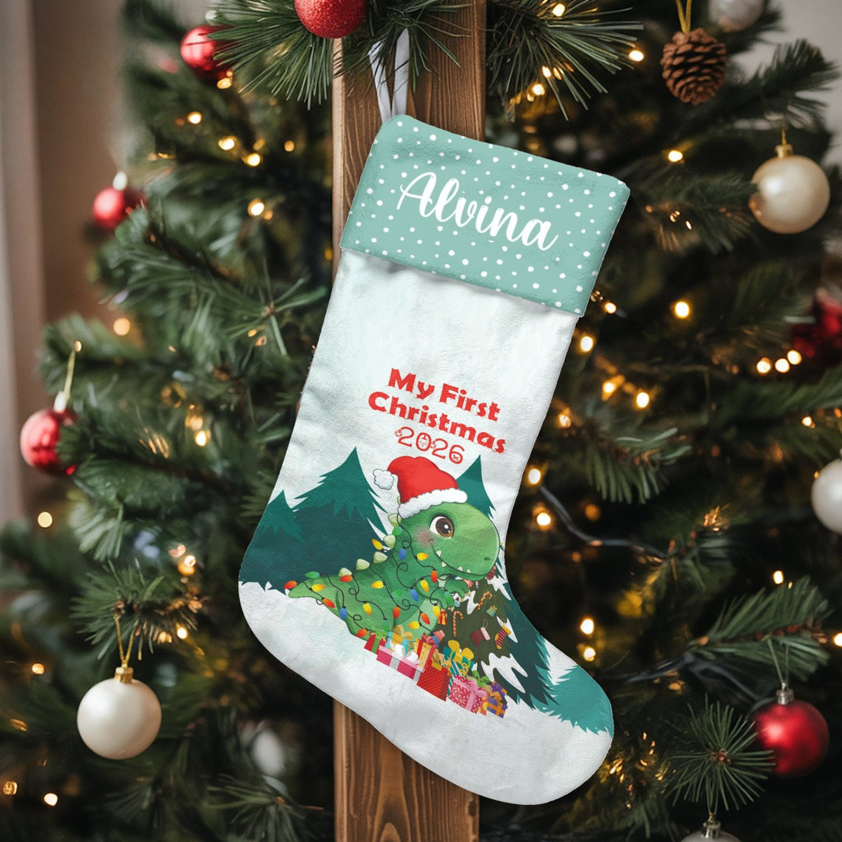 Baby First Christmas Stocking, Personalized Dinosaur Christmas Stocking, Custom Dino Holiday Stocking, Adorable Baby Keepsake