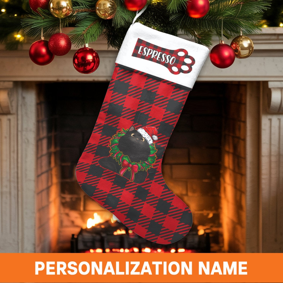 Buffalo Plaid Holiday Stocking, Personalized Black Cat Christmas Stocking, Custom Kitten Xmas Stocking, Adorable Cat Lover Pr