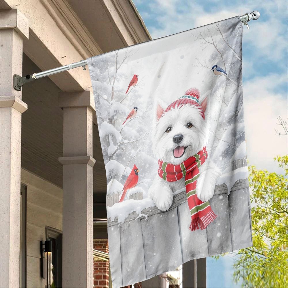Winter Cardinal House Flag, Westie Dog House Flag, Christmas Dog House Flag, Snow Scene Garden Flag, Dog Lover Holiday Yard B