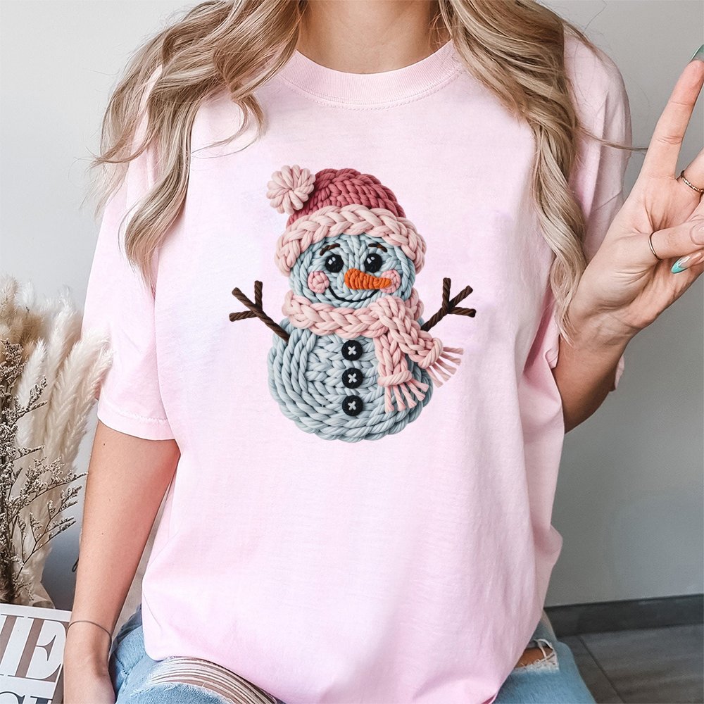 Adorable Winter Snowman T-Shirt, Knitted Snowman Christmas Shirt, Faux Knit Holiday Graphic Tee, Comfy Xmas Present Shirt for