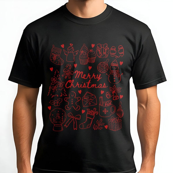 Adorable Holiday Bow Graphic Tee, Merry Christmas Doodles T-Shirt, Festive Doodle Christmas Shirt, Coquette Xmas Tee, Holiday