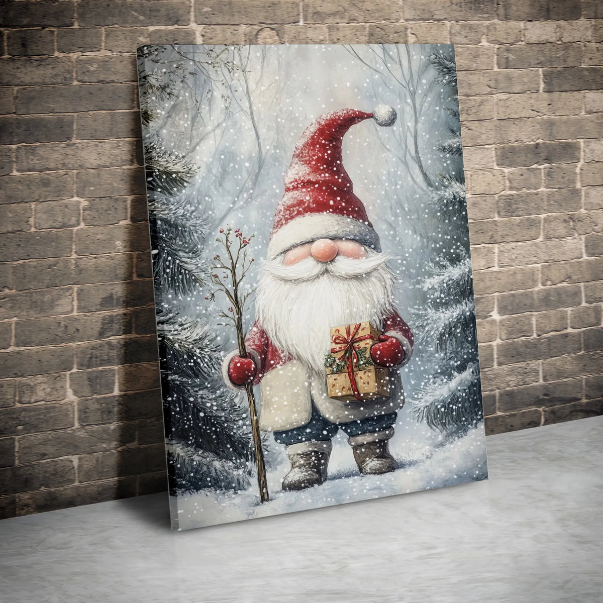 Winter Forest Gnome Canvas Print, Christmas Gnome Canvas Wall Art, Holiday Gnome Wall Decor, Christmas Canvas Art, Family Xma