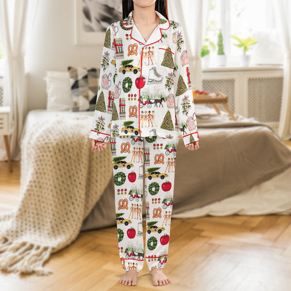 NYC Holiday Satin Pajamas, New York City Christmas Pajama Set, City Travel Sleepwear, Button Up Loungewear Set, Festive Prese