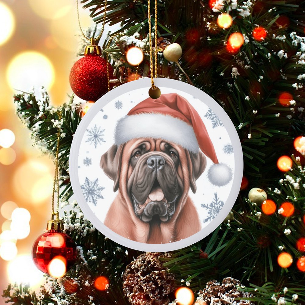 Santa Hat Puppy Ceramic Ornament, Mastiff Dog Christmas Ornament, Adorable Dog Breed Holiday Tree Ornament, Festive Xmas Pres