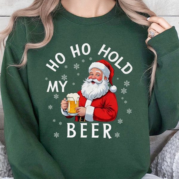 Humorous Santa Claus Drinking Holiday Crewneck, Ho Ho Hold My Beer Sweatshirt, Ugly Xmas Sweater Party Pullover, Sarcastic Ch