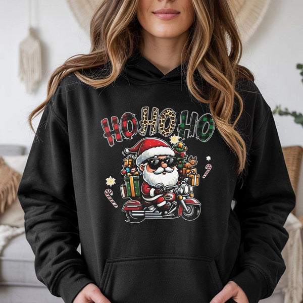 Cool Motorcycle Santa Hoodie, Biker Santa Hoodie, Humorous Ho Ho Ho Christmas Hoodie, Vintage Holiday Graphic Sweatshirt, Xma