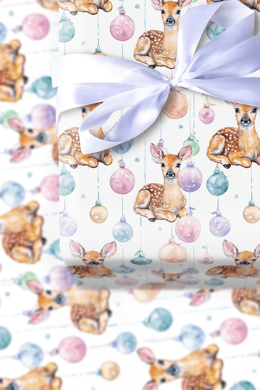 Baby Deer Christmas Gift Wrap, Watercolor Fawn Wrapping Paper, Pastel Baubles Holiday Present Paper, Whimsical Winter Wrap Ro
