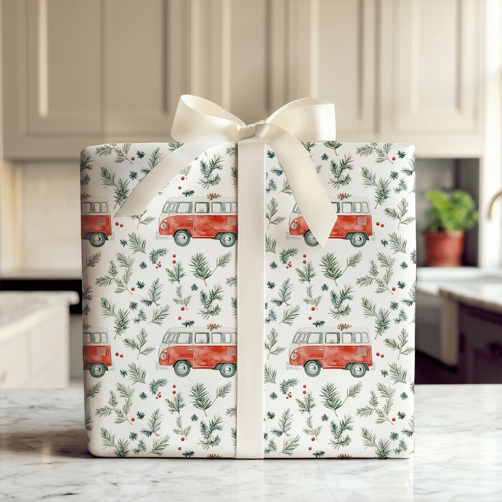 Retro Camper Van Gift Wrap, Vintage Red Camper Wrapping Paper, Christmas Camper Holiday Paper Roll, Winter Greenery Gift Wrap