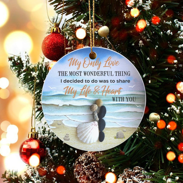 Beach Wedding Ceramic Ornament, Pebble Art Couple Ornament, Love Couple Christmas Ornament, Coastal Anniversary Keepsake, New