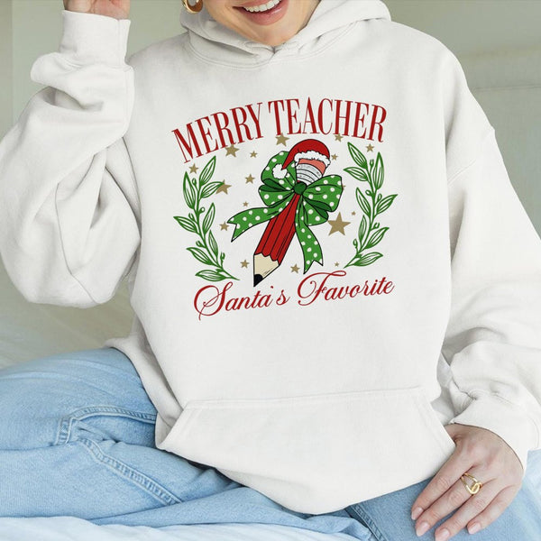 Christmas Teacher Hooded Sweatshirt, Merry Teacher Santa's Favorite Pencil Hoodie, Adorable Holiday School Hoodie, Teacher Xm