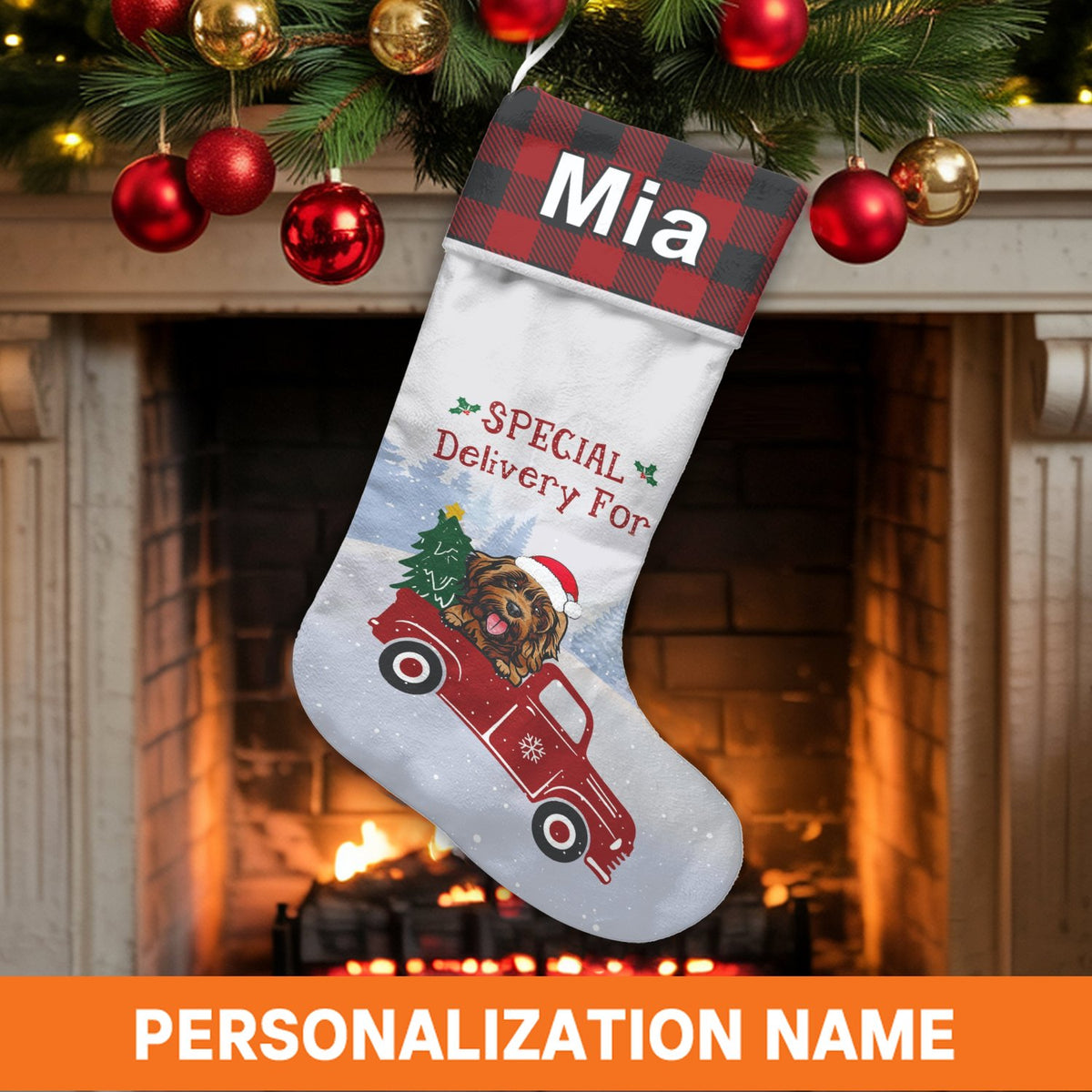 Vintage Truck Holiday Stocking, Personalized Dog Red Truck Christmas Stocking, Dog Lover Christmas Stocking, Custom Pet Xmas 
