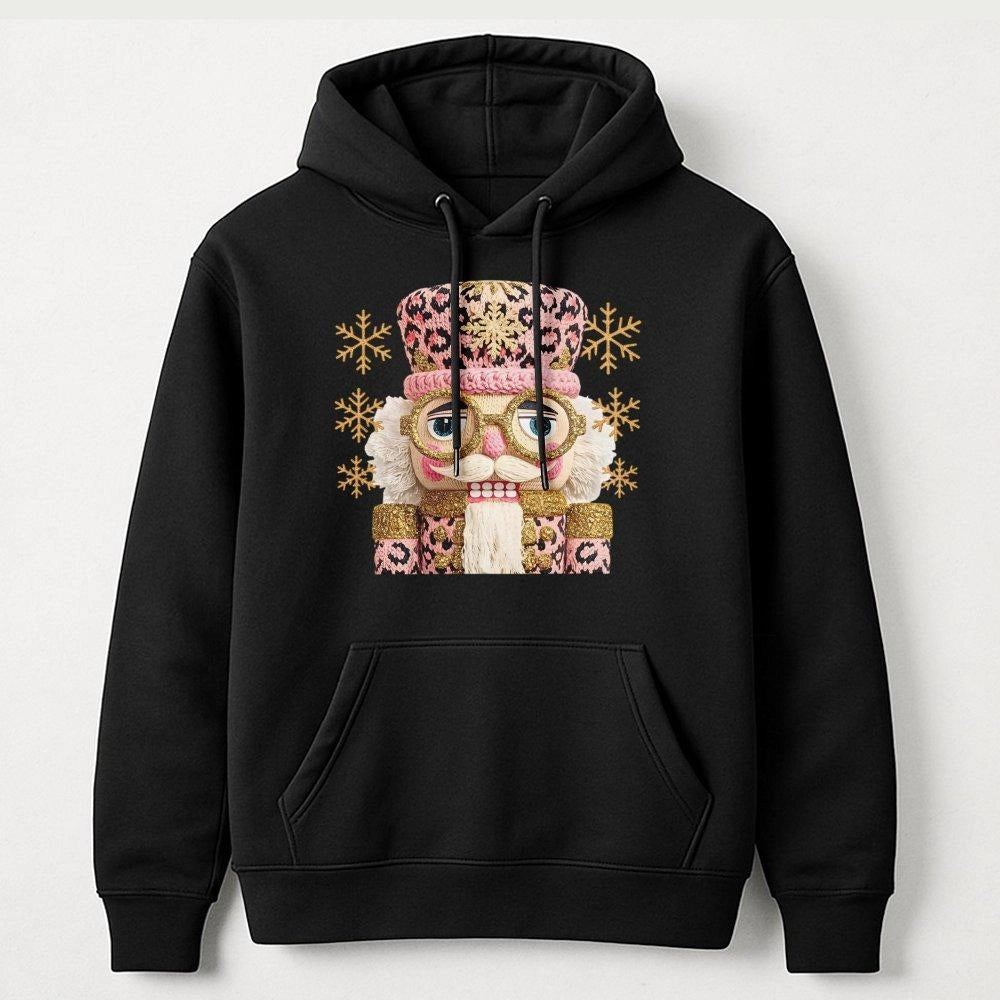 Adorable Holiday Graphic Hoodie, Pink Leopard Nutcracker Christmas Hoodie, Preppy Winter Ballet Hooded Sweatshirt, Comfy Xmas