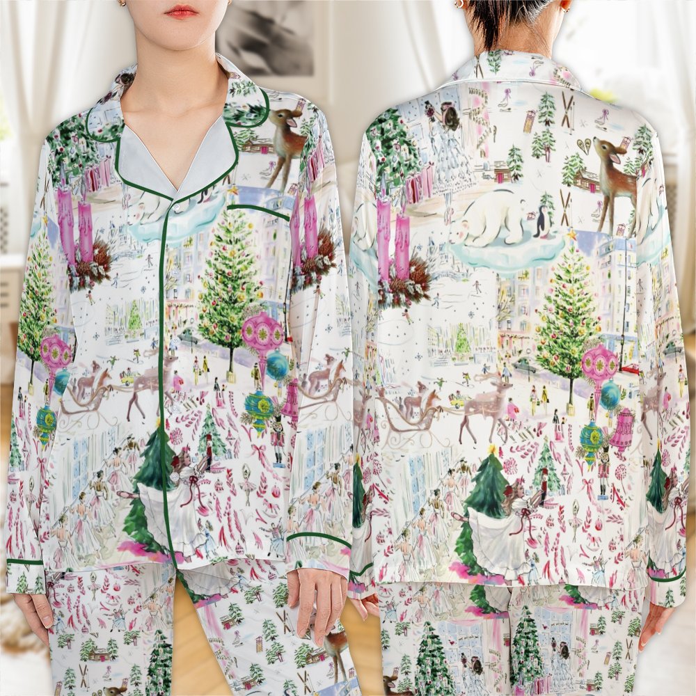Winter Wonderland Pajama Set, Christmas Nutcracker Satin Pajamas, Festive Holiday Sleepwear, Silky Button Up Pajamas, Xmas Pr