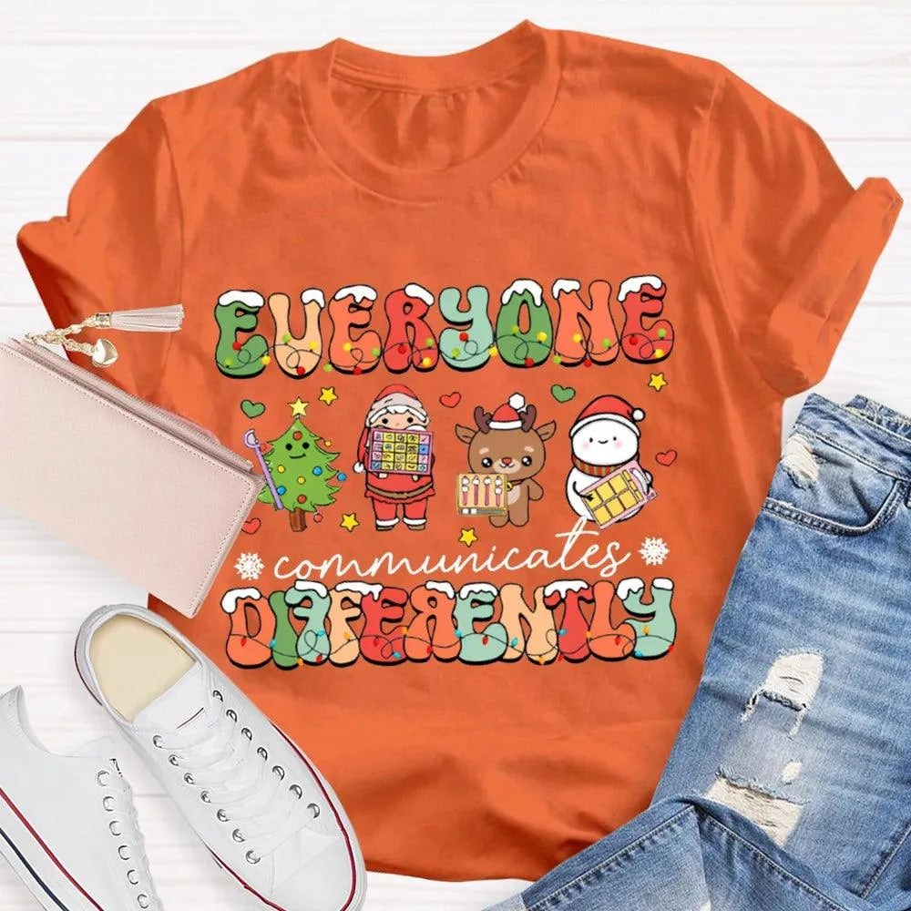 Festive Lights Neurodiversity Tee, Everyone Communicates Differently Christmas Shirt, SPED Teacher Holiday T-Shirt, ASL Xmas 