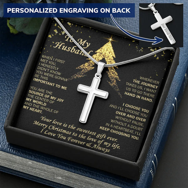 Engraved Religious Cross Pendant, Personalized Cross Necklace for Husband, Stainless Steel Mens Faith Jewelry, Meaningful Chr