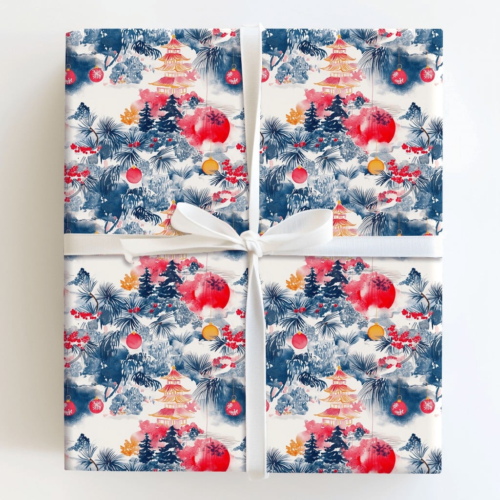 Asian Pagoda Holiday Gift Wrap, Chinoiserie Christmas Wrapping Paper, Fu Character Wrapping Paper, Winter Pine Tree Holiday W