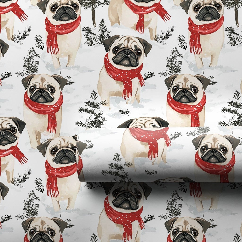 Festive Winter Scarf Pug Gift Wrap, Pug Dog Christmas Wrapping Paper, Holiday Puppy Wrapping Paper, Adorable Dog Lover Christ
