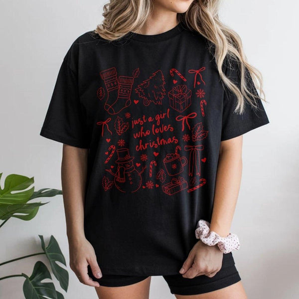Coquette Christmas Tee, Just a Girl Who Loves Christmas T-Shirt, Adorable Girly Holiday Graphic Shirt, Christmas Aesthetic Pr