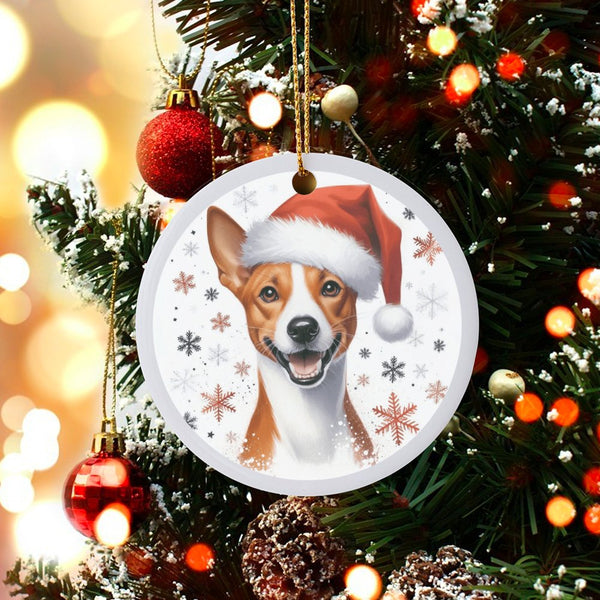 Santa Hat Snowflakes Tree Ornament, Basenji Dog Christmas Ornament, Ceramic Dog Breed Holiday Ornament, Festive Pet Keepsake,