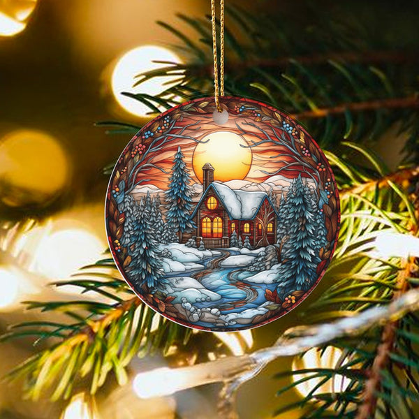 Stained Glass Winter Cabin Ornament, Winter Cabin Christmas Ornament, Ceramic Holiday Tree Ornament, Rustic Xmas Keepsake, Wi