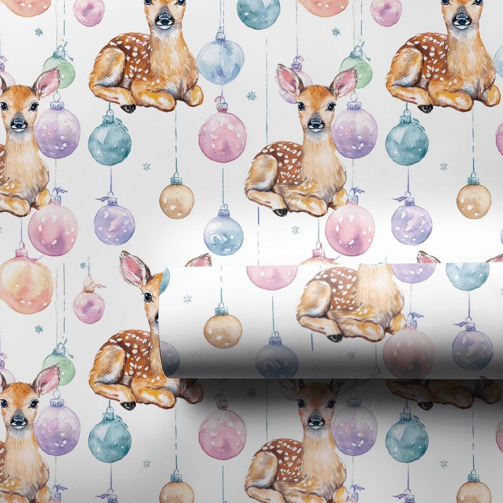 Baby Deer Christmas Gift Wrap, Watercolor Fawn Wrapping Paper, Pastel Baubles Holiday Present Paper, Whimsical Winter Wrap Ro