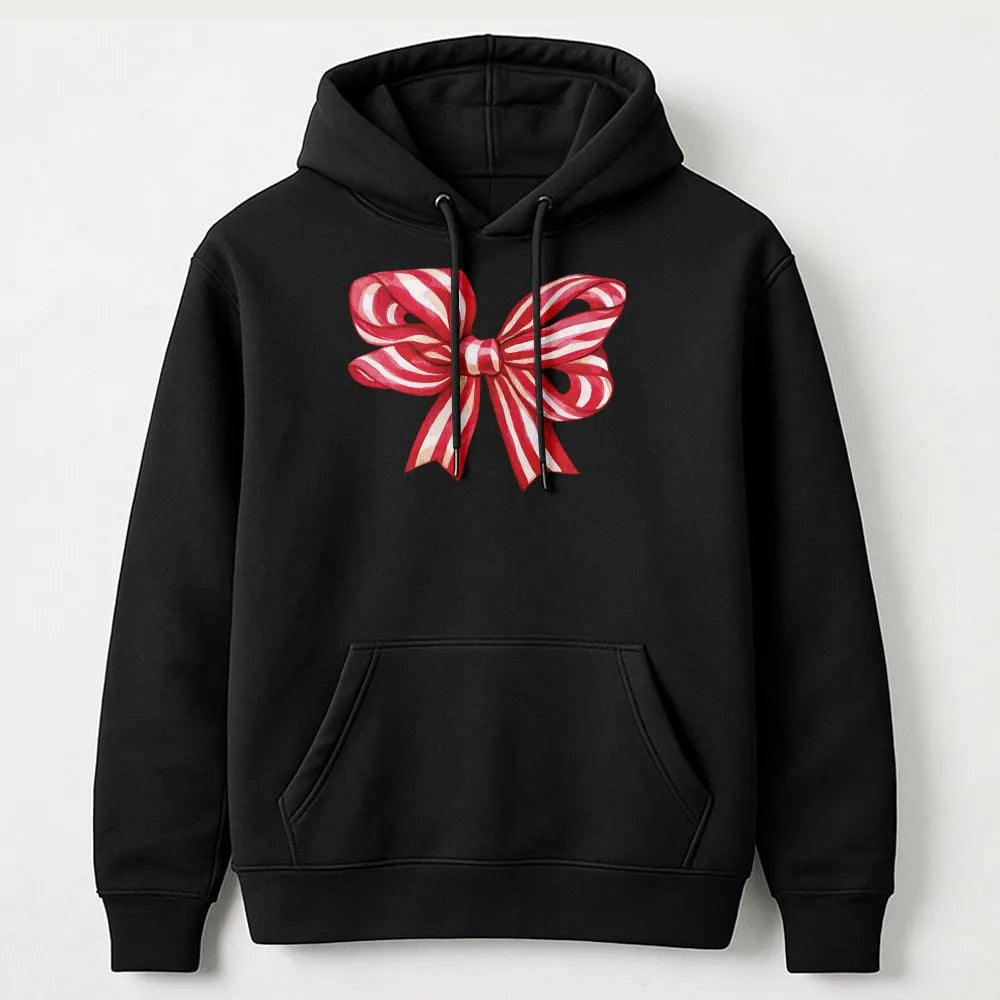 Red Striped Ribbon Sweatshirt, Christmas Bow Hoodie, Adorable Holiday Bow Hooded Pullover, Festive Christmas Graphic Hoodie, 